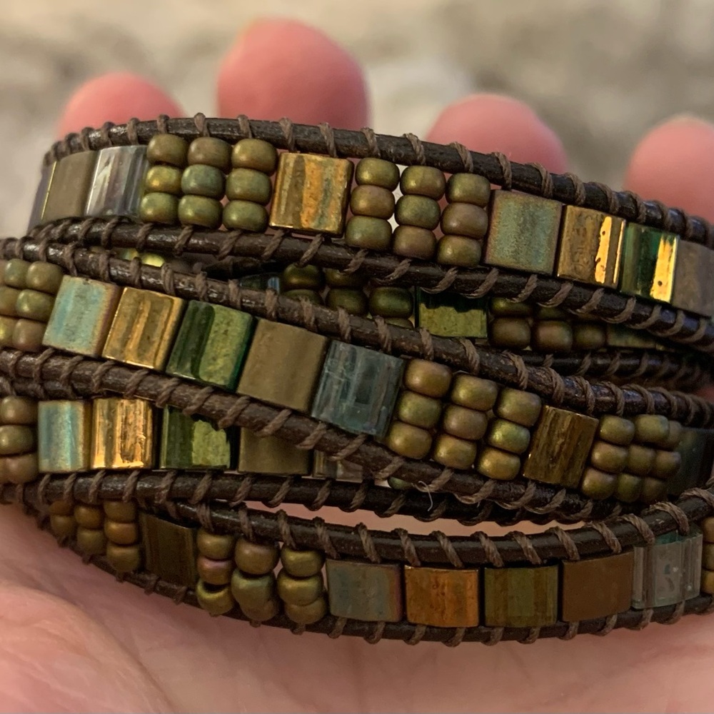 NWT- Multi wrap handstitched leather bracelet in bronze and iridescent green